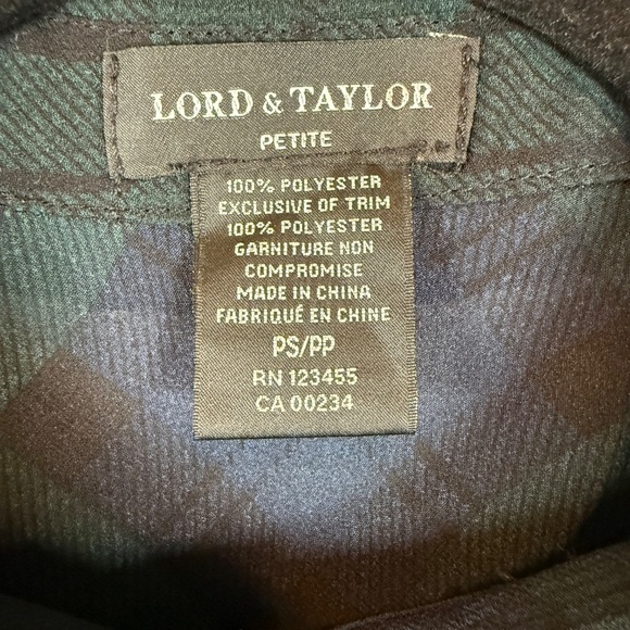 Lord & Taylor Sheer Green & Navy Plaid Long Sleeve Blouse Size Petite S - Picture 3 of 6